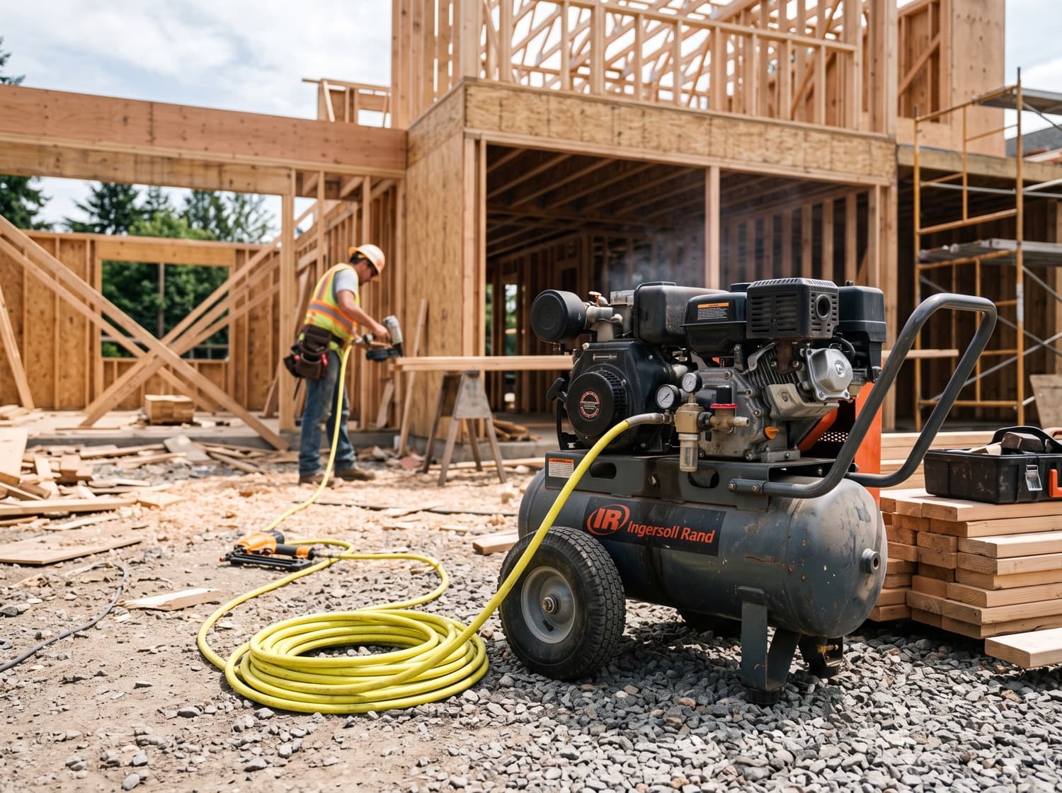 Kompressor mit Druckluftschlauch auf der Baustelle