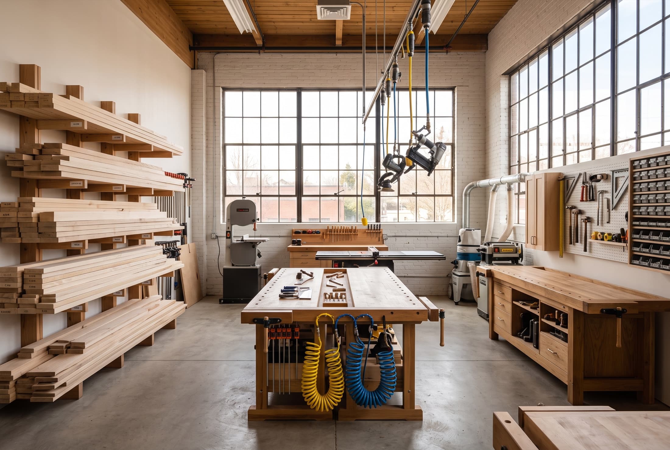 Werkstatt mit Druckluftwerkzeugen und Holz